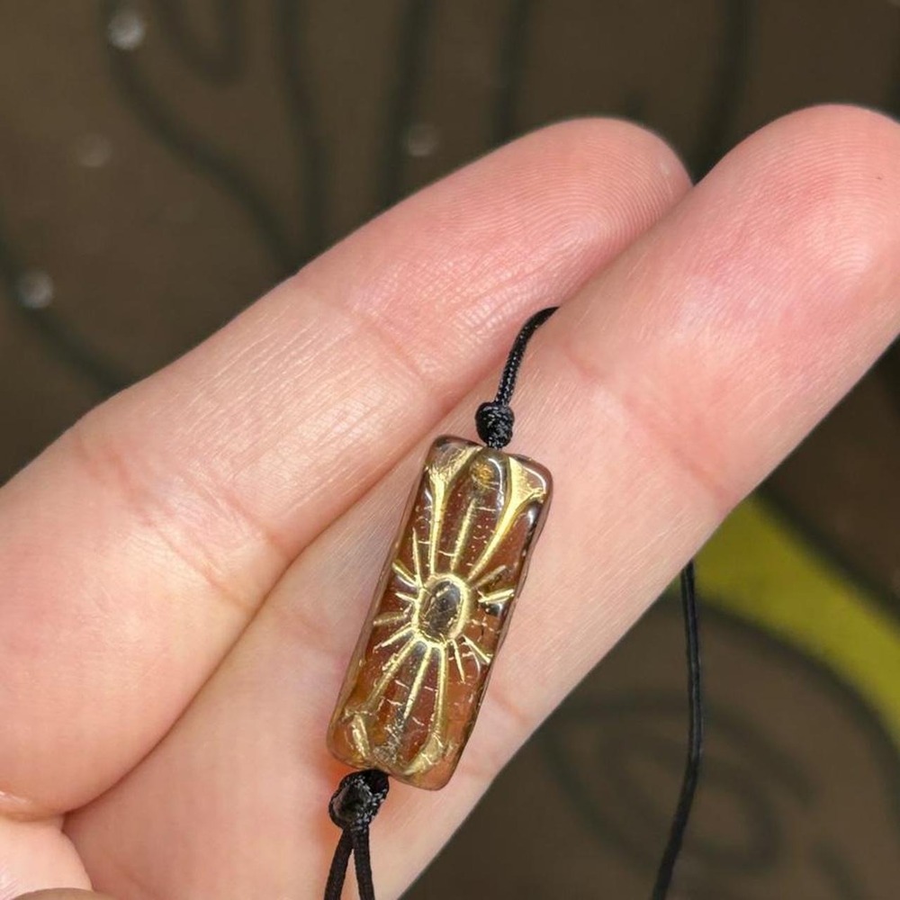 Earthy topaz flower sun czech glass green amber lariat boho chic dainty gift - Picture 2 of 5